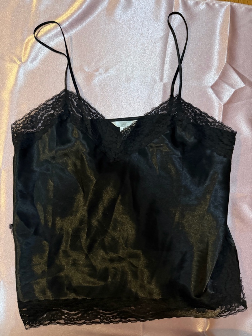 Flora Black Satin Lace Trim Cami Top Size Small